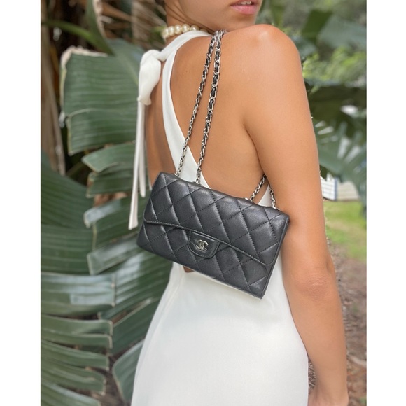 CHANEL Handbags - Chanel Flap in Matelassé Lamb Leather Silver-Tone Wallet on Chain w/Box